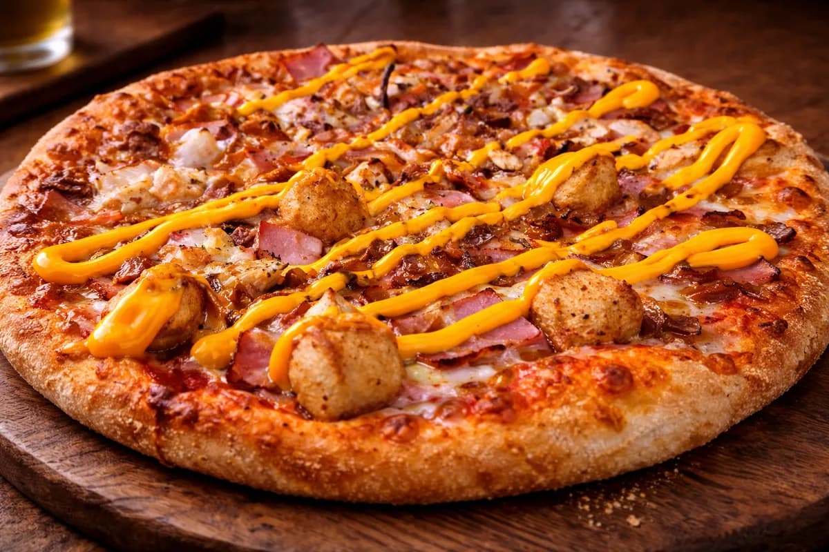 Pizza Carbonara Pidepizza con bacon y champiñón